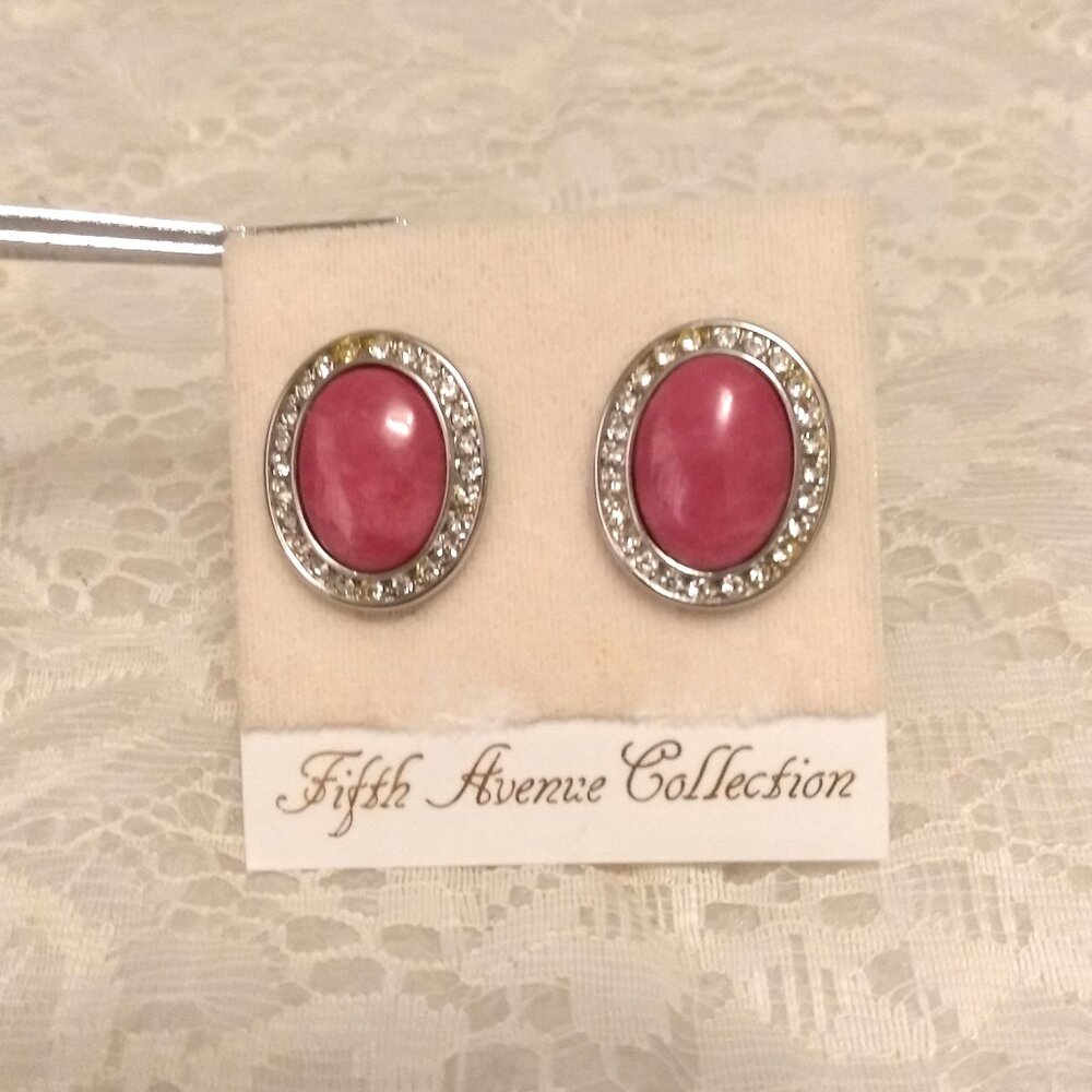 Vintage Genuine Pink Coral Clear Cubic Zirconia Silver Tone Oval Clip Earrings